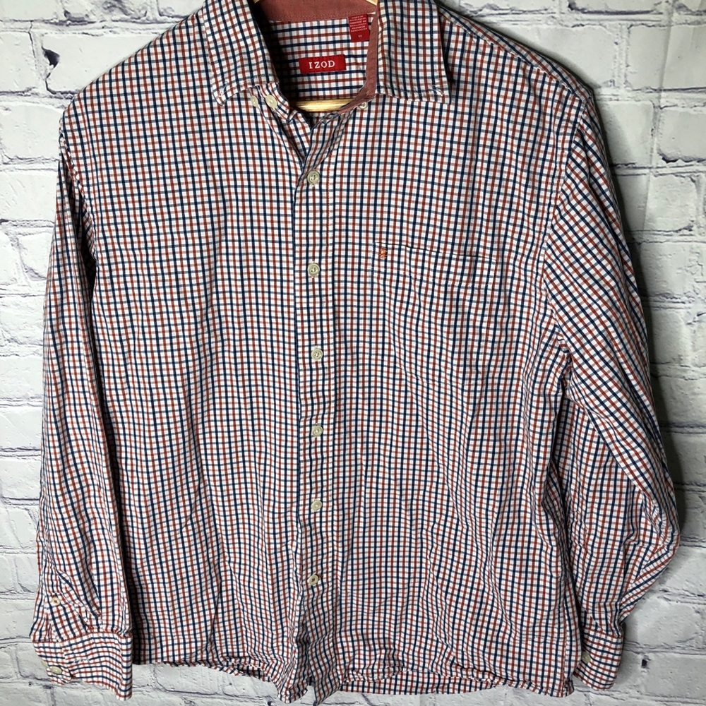Izod Men’s Button Down Long Sleeve Shirt Blue Orange Checkered Size Medium